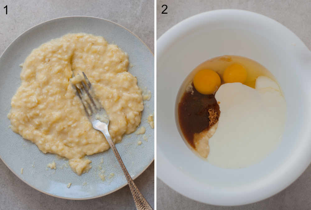 mashed bananas on a plate, wet ingredients for pancakes in a white bowl