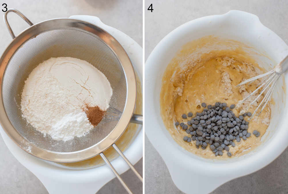 flour is being sifted into a white bowl, chocolate chips are being added to the pancake batter