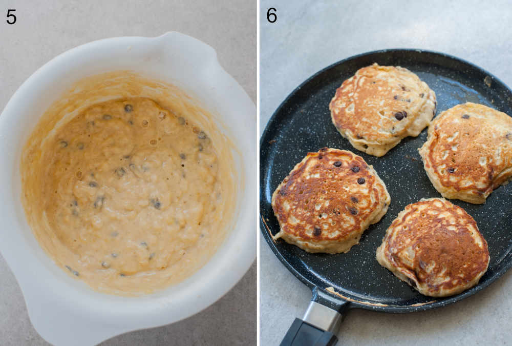 pancake batter in a white bowl, pancakes are being cooked in a black pan