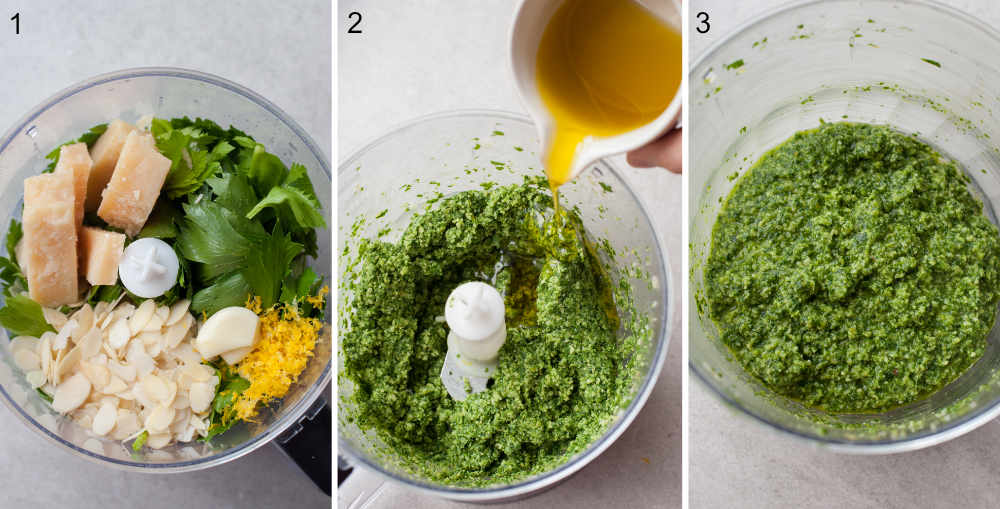 A collage of 3 photos showing preparation steps of celery leaf pesto.