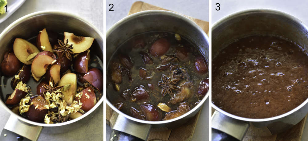 a collage of 3 photos showing the preparation steps of chinese plum sauce