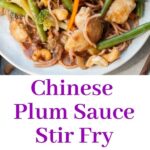 chinese plum sauce noodles with chicken and veggies pinnable image