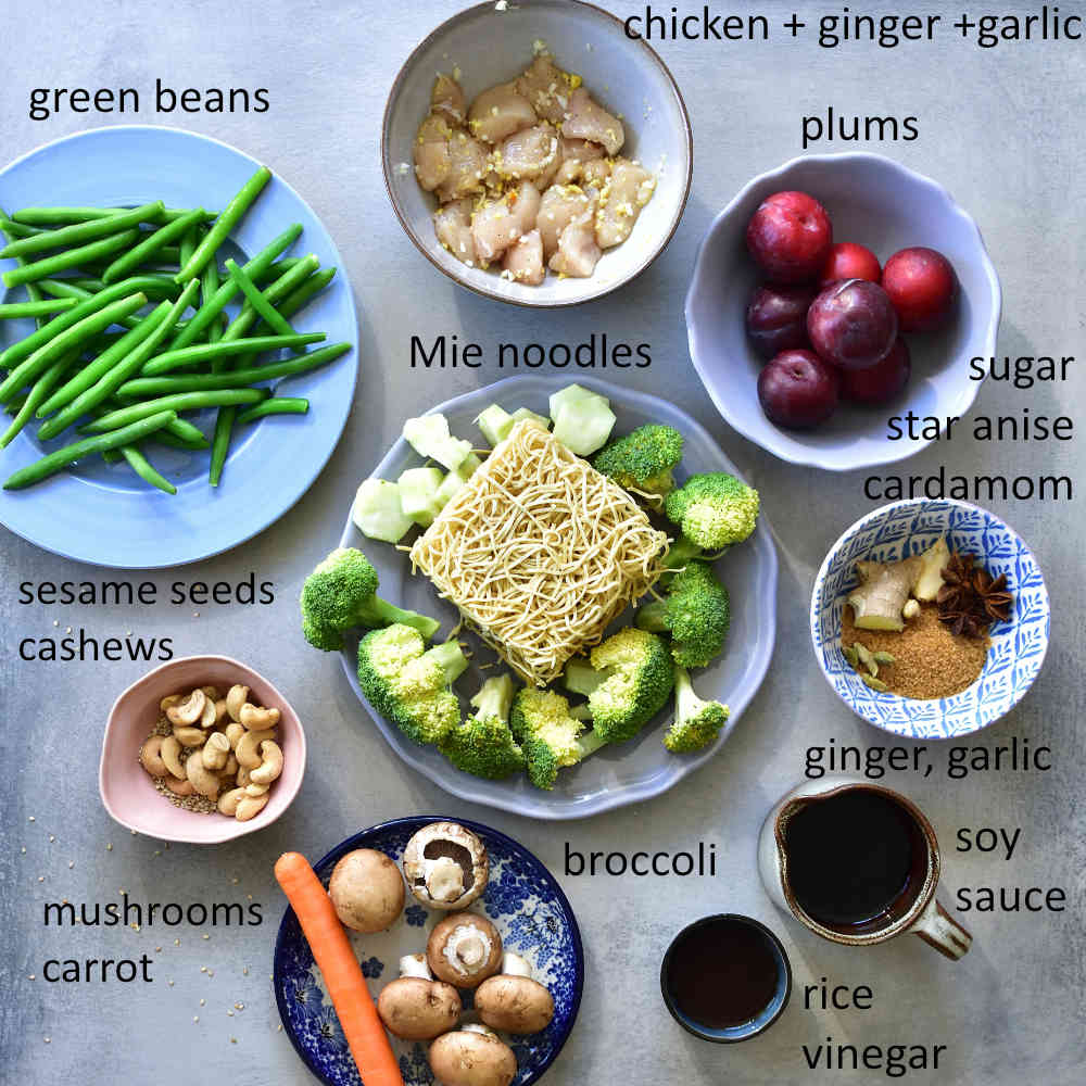 labeled ingredients needed to prepare Chinese plum sauce noodles with chicken and vegetables