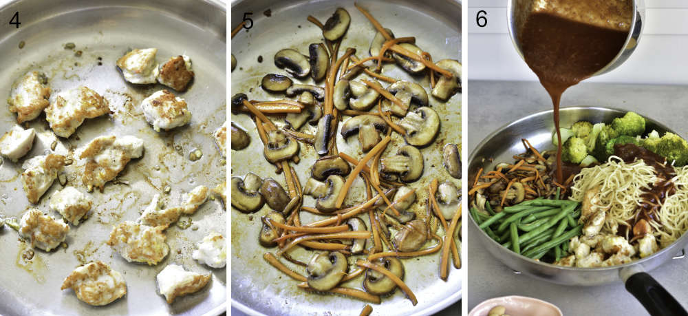 kolaż 3 zdjęć pokazujący etapy przygotowania stir fry z kurczakiem i warzywami