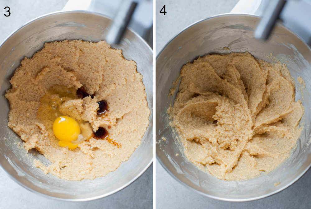 Creamed butter and sugar in a bowl. egg and vanilla on top. Sugar, butter, and egg mixed together in a bowl.