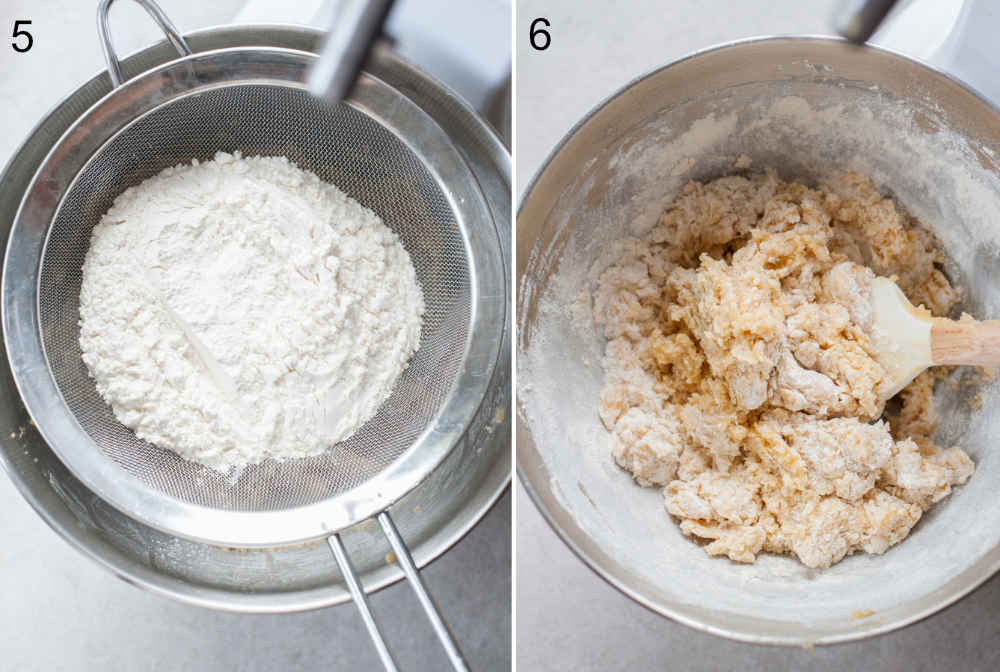 Flour is being sifted in a bowl. Half-combined cookie batter in a bowl.