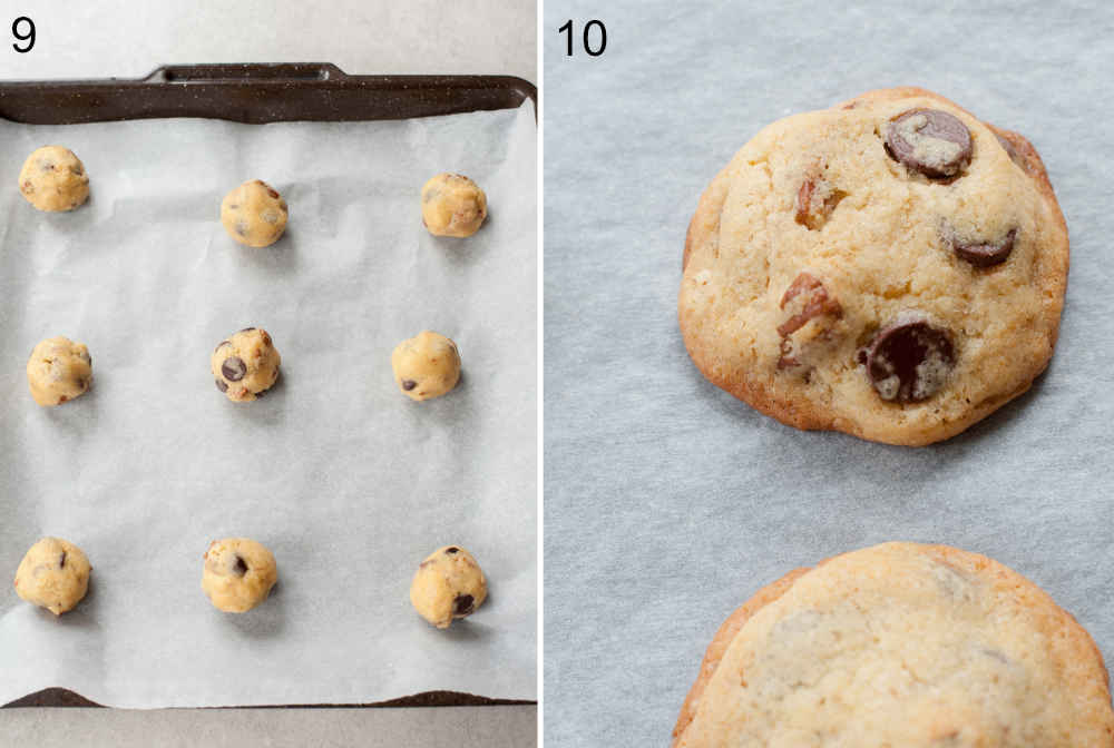 Ready to be baked cookies on a baking sheet. Baked chocolate chip pecan cookies on a baking sheet.