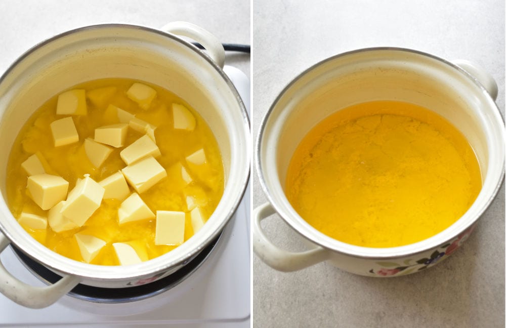 Cubed butter in a pot. Melted butter in a pot.