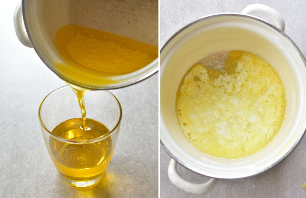 Clarified butter is being poured into a glas. Milk solids in a pot.