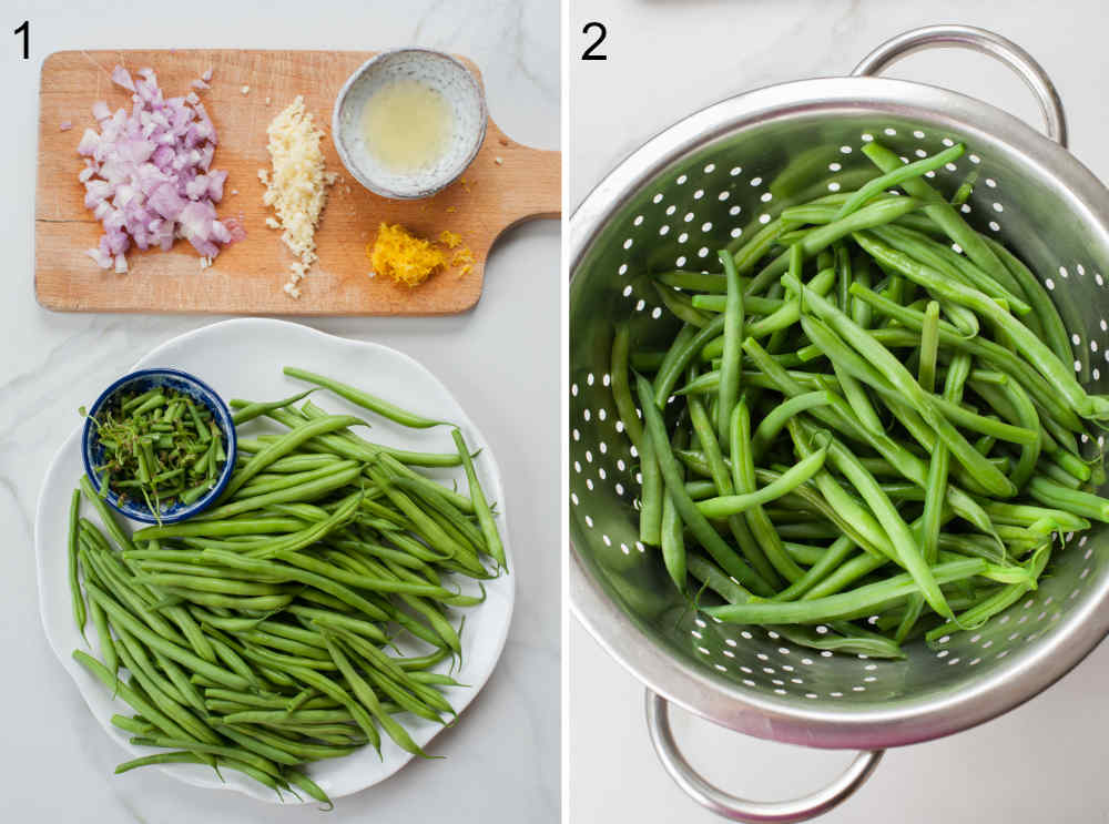 prepared ingredients for Green beans almondine on a table