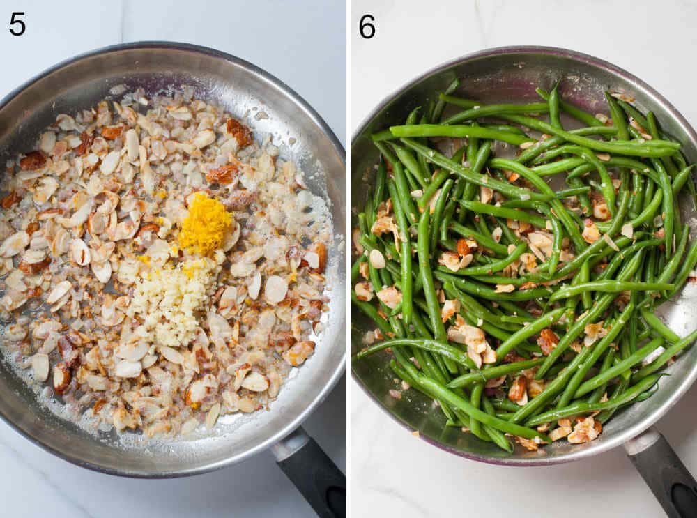 toasted almonds with butter, garlic, and lemon zest in a pan, green beans with almonds in a pan