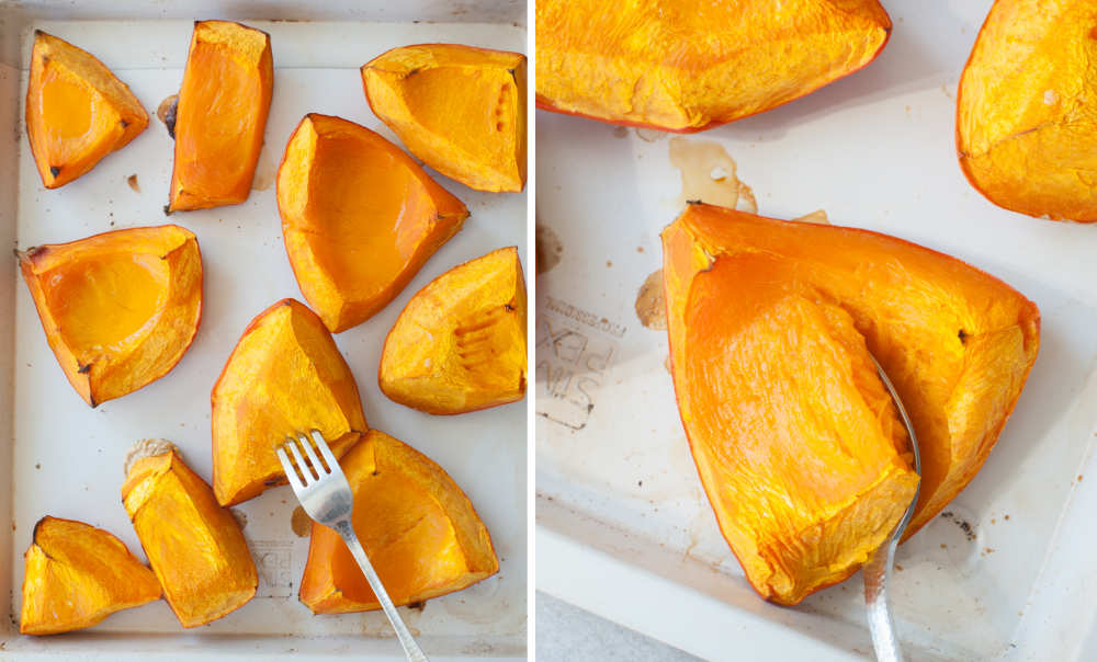 Roasted pumpkin on a baking sheet. Scooping out the flesh from a roasted pumpkin.