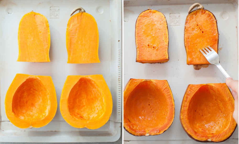 Butternut squash ready to be roasted. Roasted butternut squash on a baking sheet.