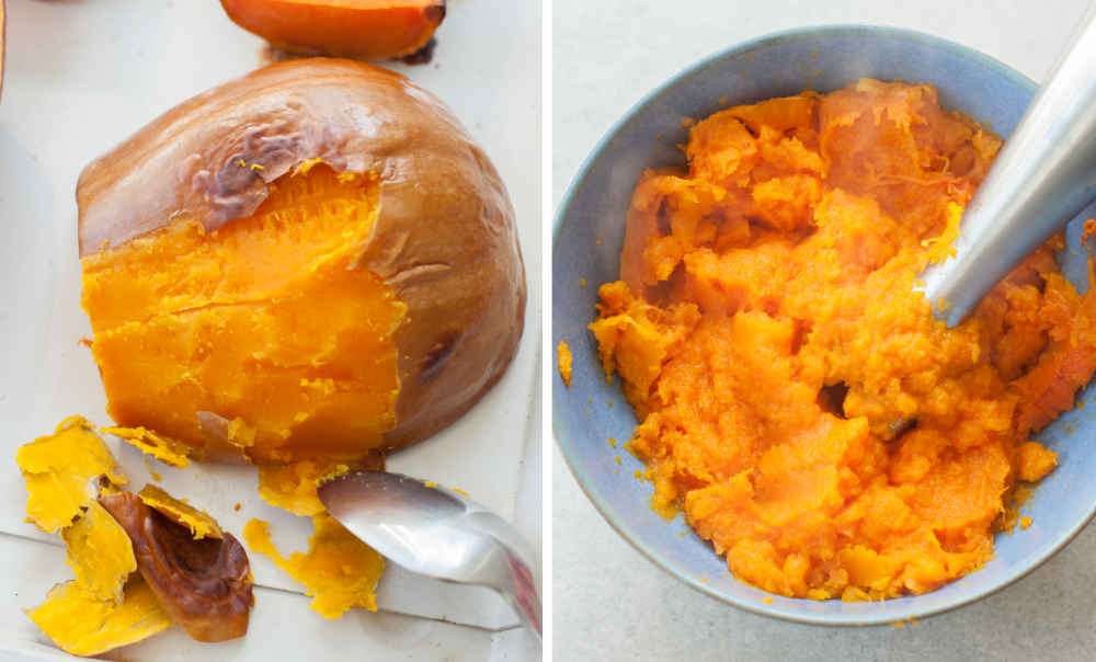 Scraping the skin from a roasted butternut squash with a spoon. Pumpkin puree is being mixed with a hand mixer.