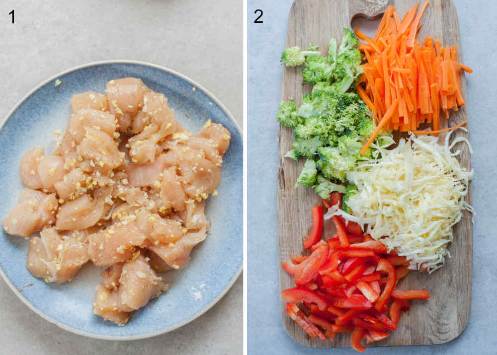 chopped chicken with garlic and ginger, chopped vegetables on a chopping board