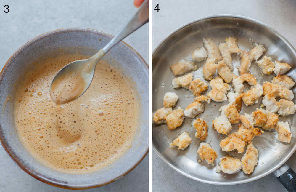 peanut butter sauce in a bowl, cooked chicken in a frying pan