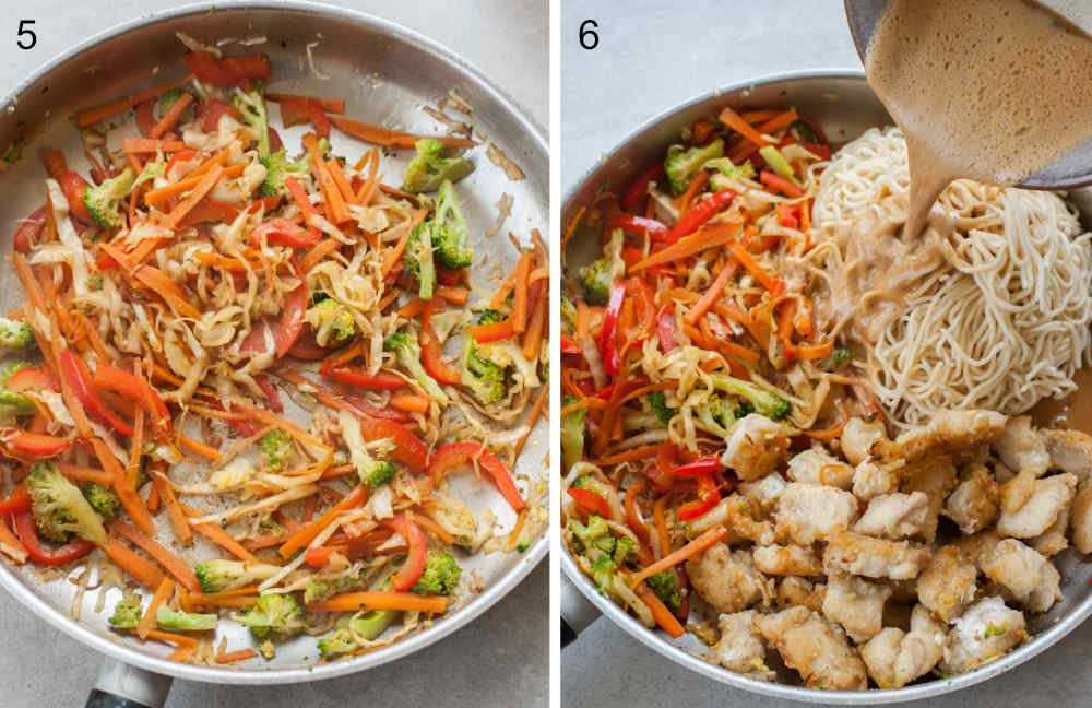 left photo: sauteed veggies in a pan, right photo: peanut butter is being poured over veggies, chicken and noodles