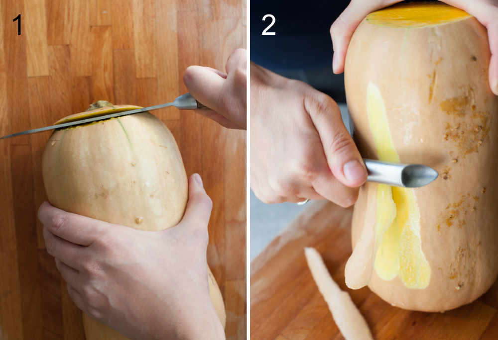 Cutting off the end of the butternut squash. Peeling the butternut squash.