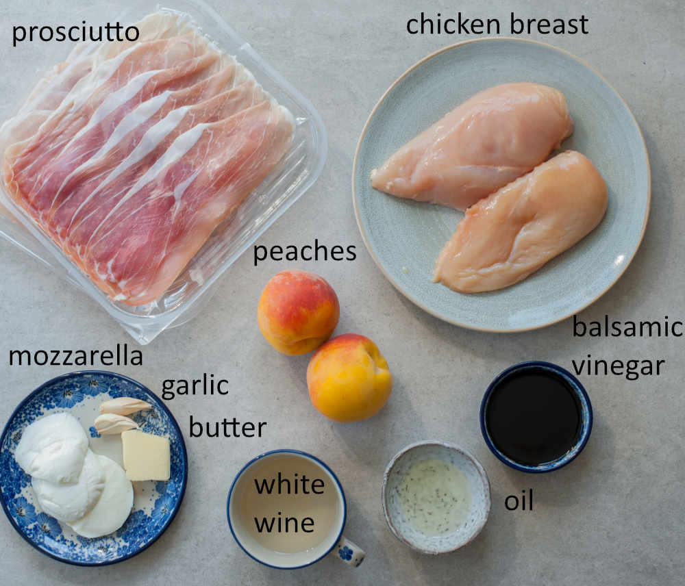 Ingredients needed to prepare prosciutto-wrapped chicken with peaches and balsamic glaze.