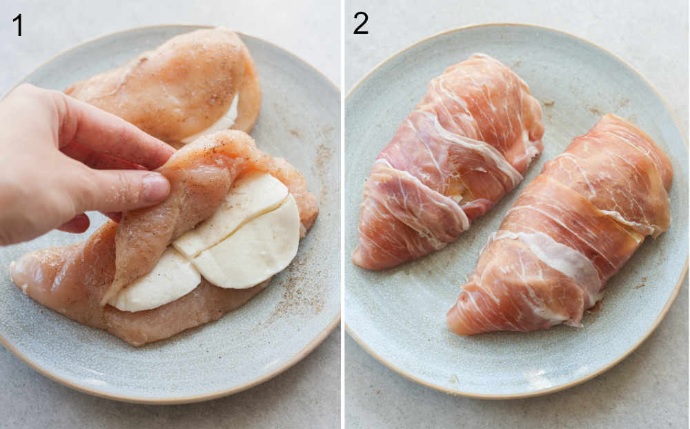 Chicken breast stuffed with mozzarella cheese and wrapped in prosciutto ham.