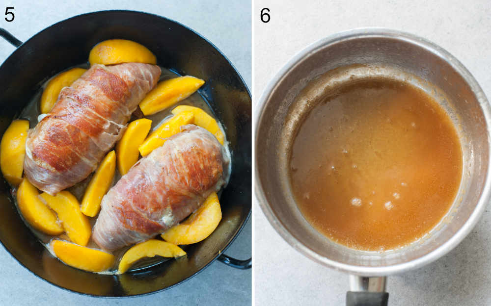 Prosciutto-wrapped chicken with peaches in a black pan. Pan sauce in a saucepan.