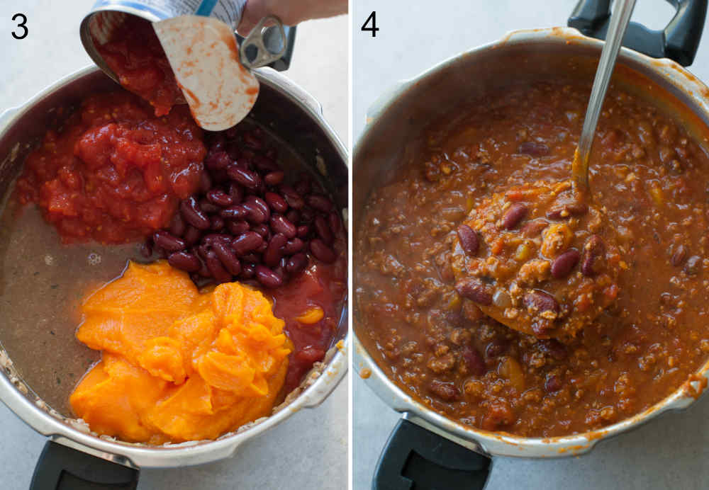 Canned tomatoes are being added to a pot with beans, pumpkin puree, broth and ground turkey. Ready to eat pumpkin turkey stew in a pot.