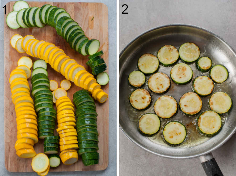 zucchini cut into slices on a chopiing board, sauteed zucchini in a pan