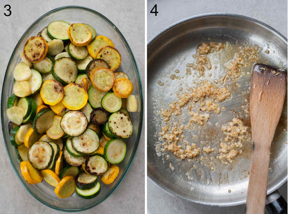 sauteed zucchini in a baking dish, garlic with butter in a pan