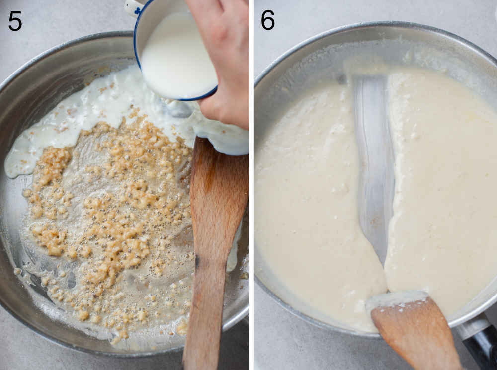 cream is being added to garlic in the pan, creamy white sauce in a pan