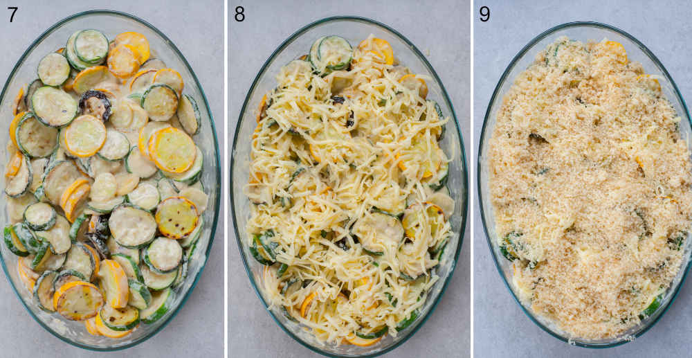 a collage of three photos showing assembling steps of zucchini gratin