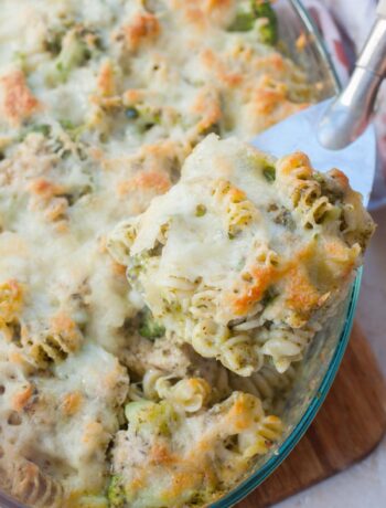 Pesto chicken bake in a casserole dish.