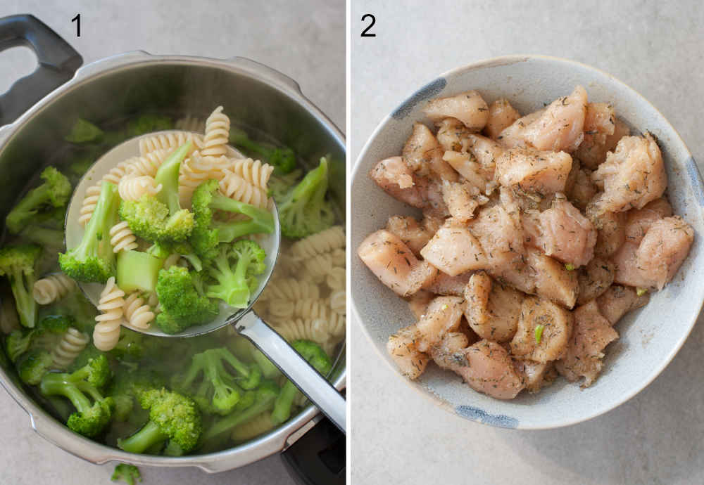 Cooked pasta and broccoli on a slotted spoon. Seasoned cubed chicken breast in a bowl.