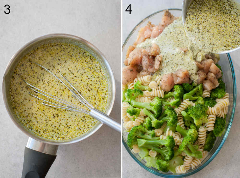 Pesto sauce in a pot. Pesto sauce is being added to a casserole dish with broccoli, pasta, and chicken.