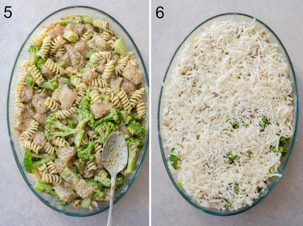 Ingredients for chicken pesto bake in a casserole dish. Casserole topped with mozzarella cheese ready to be baked.