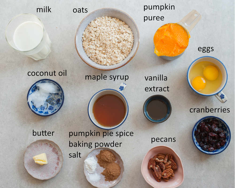 Labeled ingredients needed to prepare baked pumpkin oatmeal.