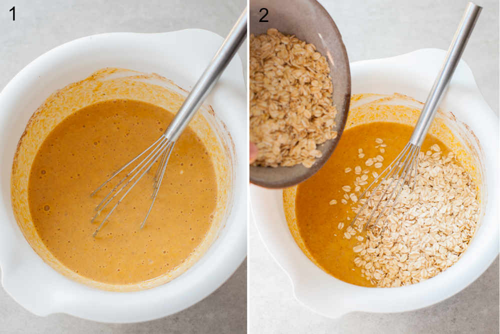 Wet ingredients for pumpkin oatmeal in a white bowl. Oats are being added to the bowl.