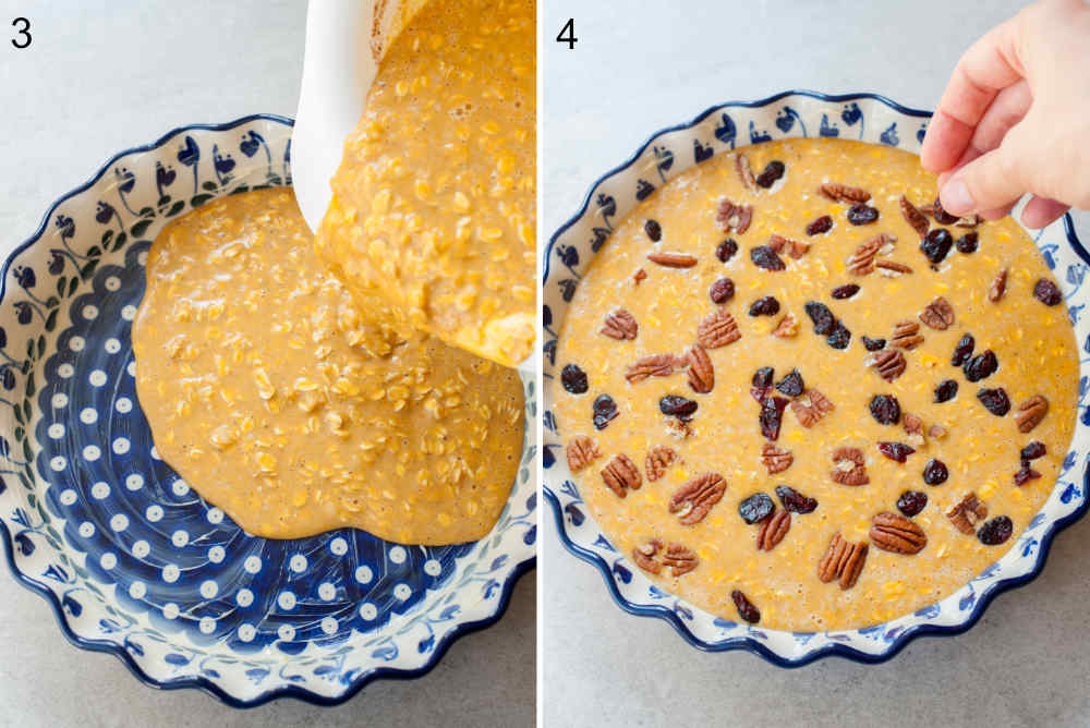 Pumpkin oatmeal is being poured into a baking dish. Pumpkin oatmeal is being topped with cranberries and pecans.