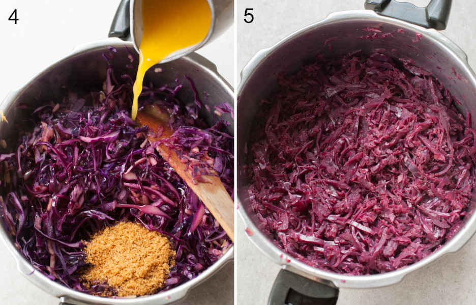 Orange juice is being added to sauteed red cabbage. Ready braised red cabbage in a pot.