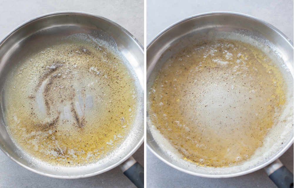 Pieprz podsmażany z oliwą i masłem na patelni. Woda z makaronu dodana do masła i oliwy na patelni.