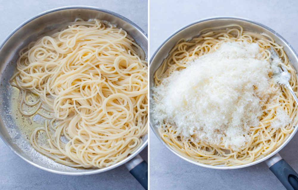 Butter, olive oil, ground black pepper, and cooked spaghetti in a pan. Pecorino cheese added to the spaghetti.