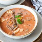 Chicken tomato soup with mushroom served with pasta and parsley in a white bowl.