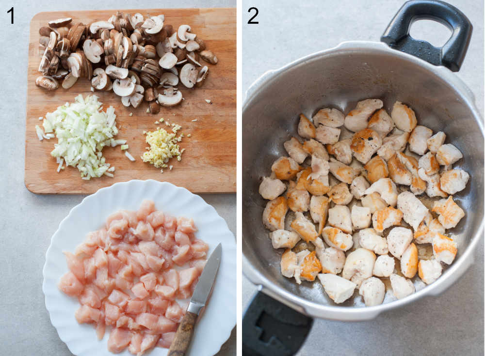 Chopped ingredients for chicken tomato soup. Browned chicken in a pot.