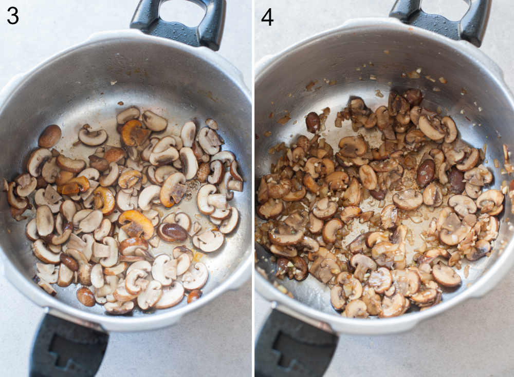 Browned mushrooms in a pot. Mushrooms with onions and garlic in a pot.