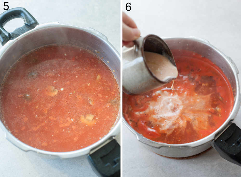 Chicken tomato soup in a pot. Cream is being added to the soup.