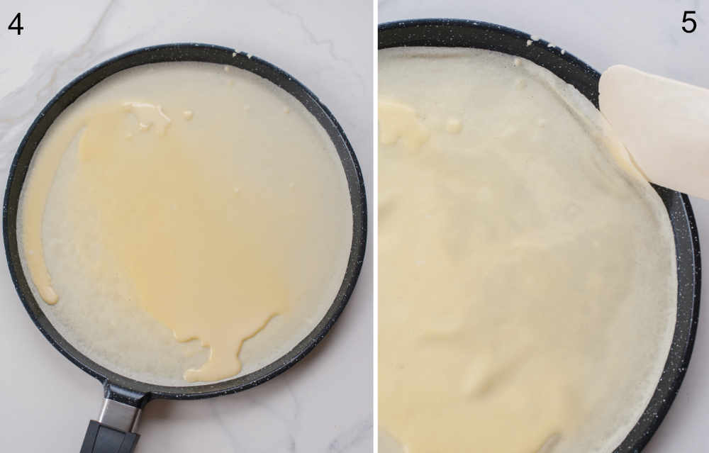 Crepe batter in a black pancake pan. 