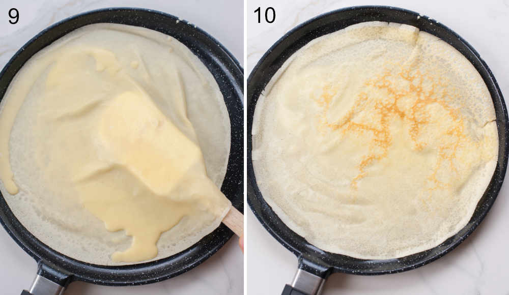 Cooking crepes in a crepe pan.
