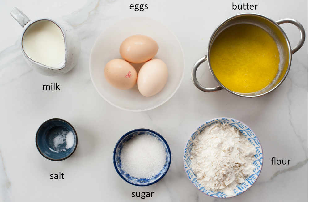 Labeled ingredients for crepes.