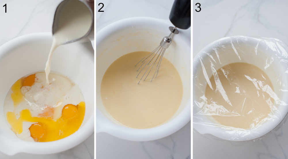 Kolaż 3 zdjęć pokazujący etapy przygotowania ciasta na naleśniki.