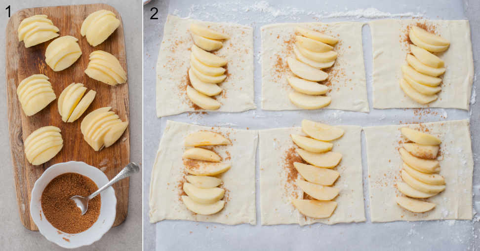 Sliced apples on a chopping board. Cinnamon sugar in a bowl. Squares of puff pastry with cinnamon sugar and apples on top.