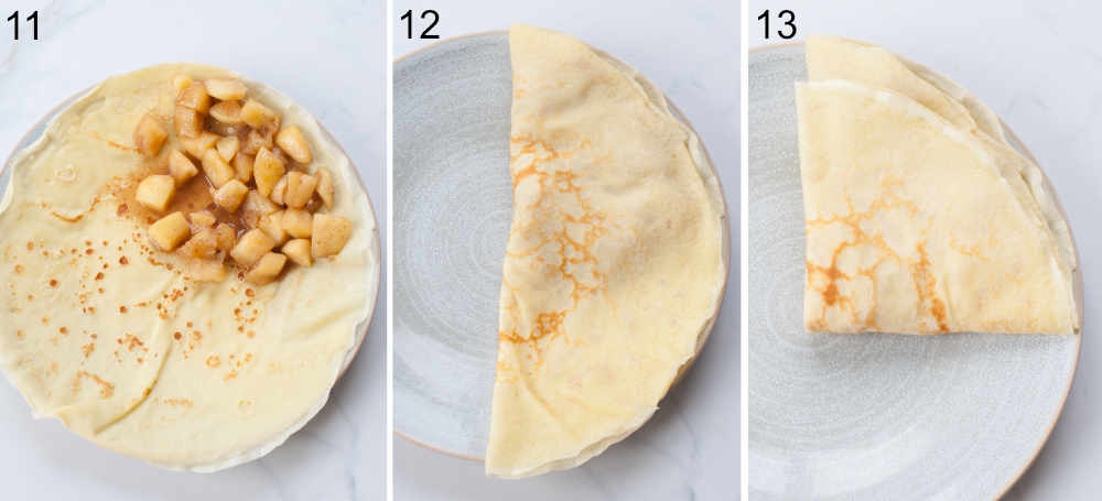 A collage of 3 photos showing folding the apple crepes.